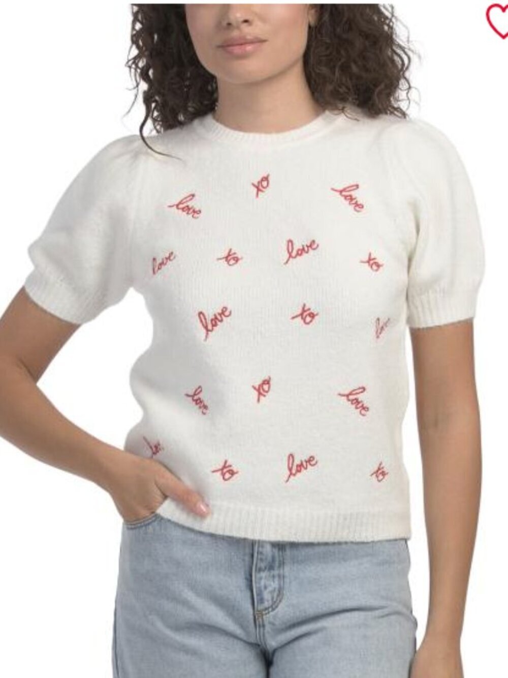 Cynthia Rowley Cream Short-Sleeve Crew Sweater with Red 'Love' Embroidery